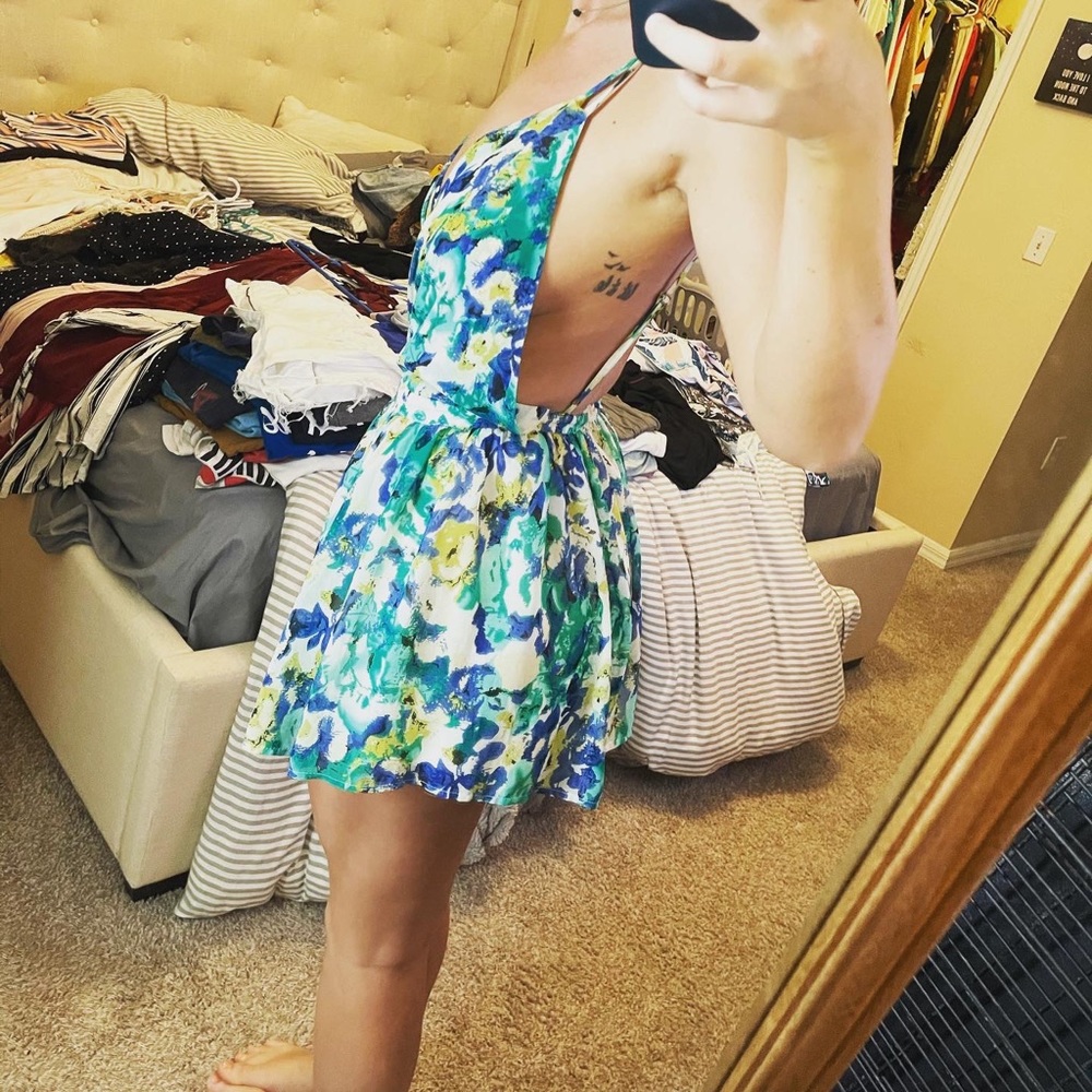 Blue and green open back spaghettini strap romper
